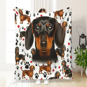 Cute Sausage Dog Puppy Heart Paw Print Blanket, Comfortable and Warm, Printed Blanket, Suitable for All Seasons, Perfect for Sofa Bed Office Travel