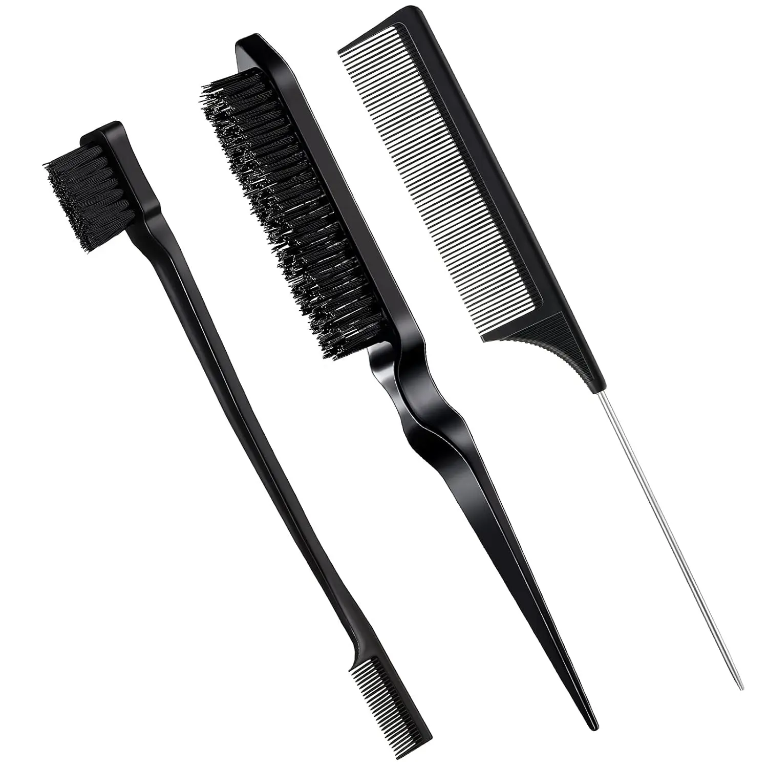 3 Pcs Slick Back Hair Brush Set Bristle Hair Brush Edge Control Brush Teasing Comb for Women Black Hair(Black)