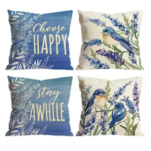 4PCS Lavender Bluebird Throw Pillow Covers | Choose Happy Cottagecore Decor for Sofa Couch Bedroom Car 0407YC