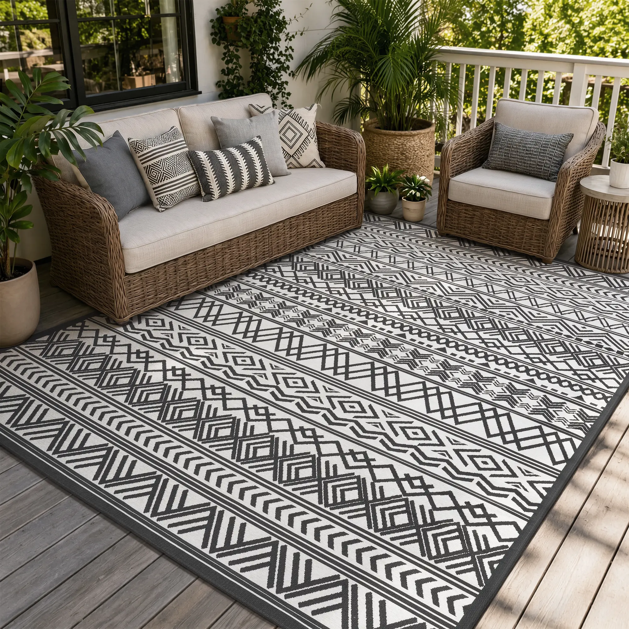 MontVoo Outdoor Patio Rug, Flatweave Textured Design, Non Slip Outdoor Carpet for Deck Porch, Backyard, Balcony, Vacuum, 4X6 Ft