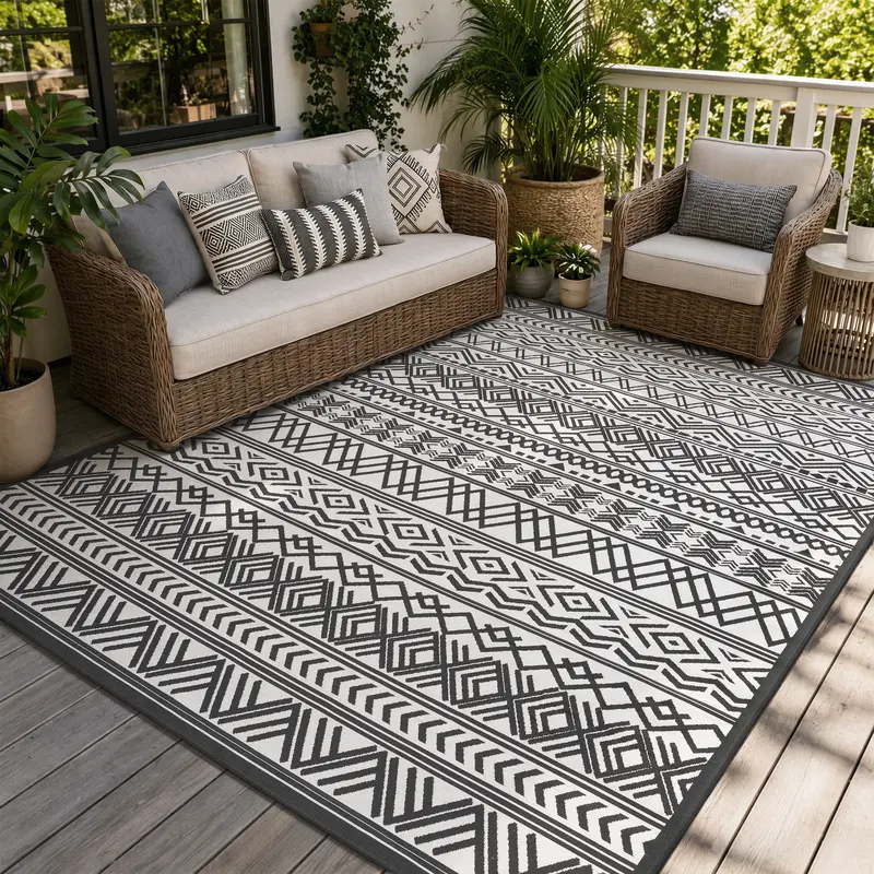 [CLEARANCE] MontVoo Outdoor Patio Rug, Flatweave Textured Design, Non Slip Outdoor Carpet for Deck Porch, Backyard, Balcony, Vacuum, 4X6 Ft,back to school,dorm essentials,home decor,home essentials,sohochic