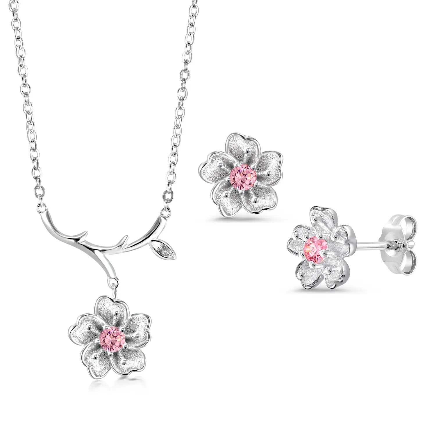 925 Sterling Silver Cherry Blossom Necklace Set, Cherry Blossoms Set, Silver Cherry Blossoms Flower Earrings Necklace Set