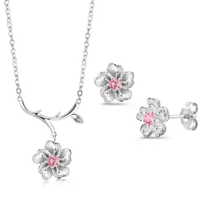 925 Sterling Silver Cherry Blossom Necklace Set, Cherry Blossoms Set, Silver Cherry Blossoms Flower Earrings Necklace Set