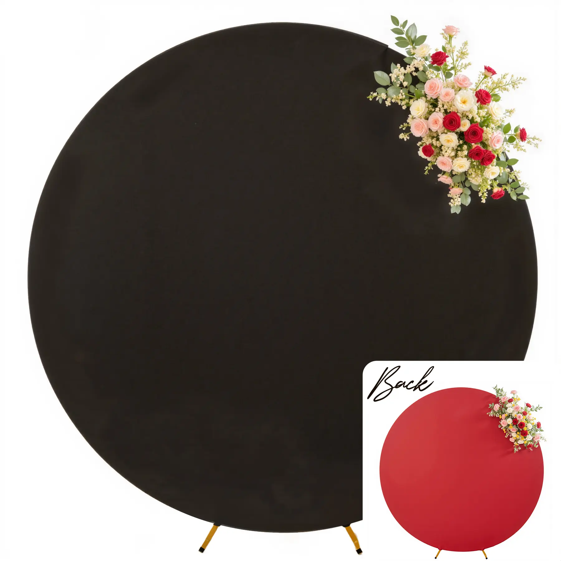 Dual Sided Round Spandex Backdrop Cover, Reversible Black & Red 2-Tone Circular Background Drapes for Wedding Birthday Grad Party Photo Booth Decor One Cover for Multiple Wedding & Event Party Decor Scenes