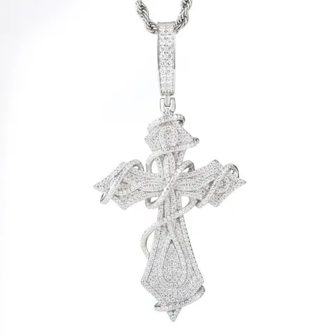 UCCIYO S925 Sterling Silver Auspicious Cross Pendant Necklace - Detailed Vine Synthetic Moissanite Bling Design, Unisex Adult Jewelry Gift (Cross Necklaces #P682)