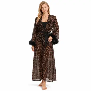Women’s Leopard Print Chiffon Beach Towel Wrap, Lightweight Sheer Beach Cover Up, Tie Waist, Feather Trim Cuffs, Poolside Spa Vacation Robe