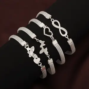 4Pcs Silver Bracelet Set Mesh Chain Rhinestone Butterfly Heart Infinity Charm Bangles Coquette Aesthetic Jewelry Travel Daily Birthday Gift,summerwins