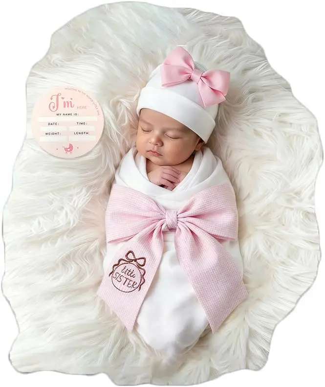 Newborn Receiving Blanket Headband Set， Baby Swaddle Bow Swaddle Wrap， Baby Swaddle Blankets for Newborns with Hat， Swaddling Wrap 32 x 32 inches Soft and Skin-Friendly