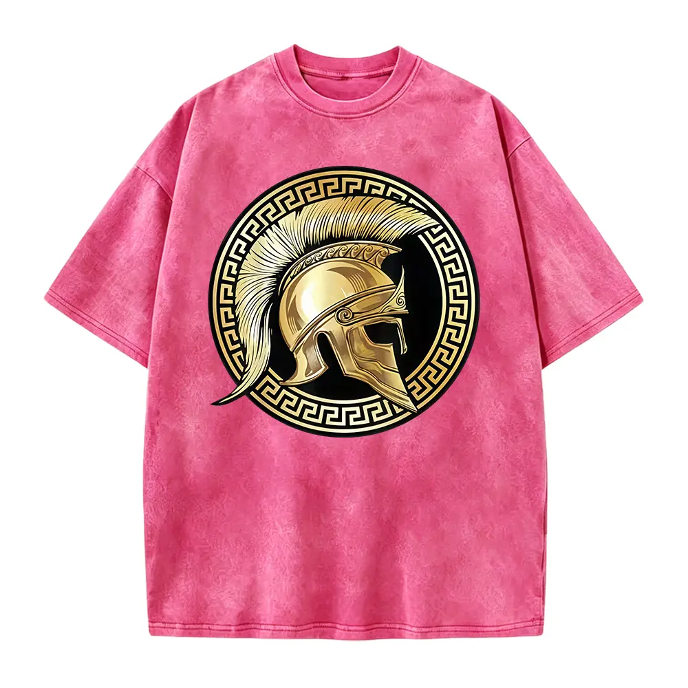 Golden Spartan Helmet Greek Key Circle Graphic Tee, Ancient Greece Gladiator Retro Men Short Sleeve T-Shirt, History Lover Gym Casual Top