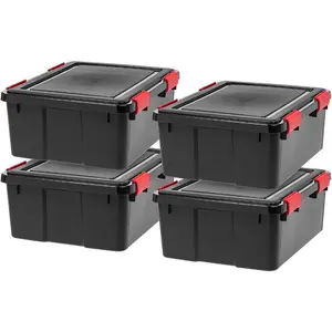WeatherPro 31 Qt Storage Bins with Lids 4 Pack BPAFree Plastic Gasket Box with Tight Latch and Seal Stackable Nestable Tote Tub Black Red