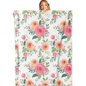Floral Throw Blanket,50x60in,Soft,Lightweight Flannel, Peach and Pink Roses Blankets - Gifts for Kids Girls Boys,Flower Lovers,for Couch Office Travel,Home Living Room Garden Decor