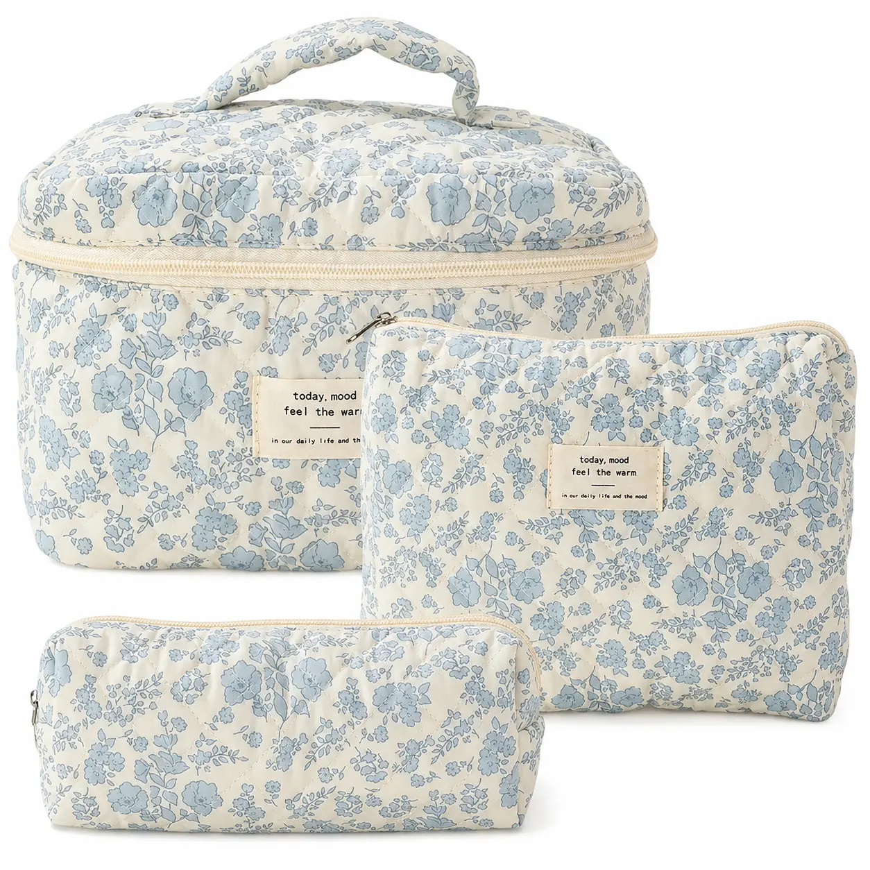 Women's 3-Pack Quilted Makeup Bag Set, Large Capacity Soft Cotton Floral Print Cosmetic Storage Pouches, Double Zipper Multi-Use Makeup Organizer, Travel Toiletry Bag for Daily Use, Bathroom & Weekend Getaways