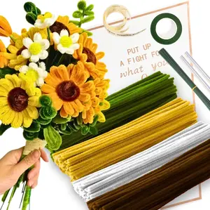 Mother's Day Sunflower Pipe Cleaner Kit with 150 Pcs Pipe Cleaners Colourful in 4 Colours(Brown,Dark Yellow,White,Green),8 Pcs Green Floral Wire,Floral Tape,Flower Wrapping Paper and Ribbon