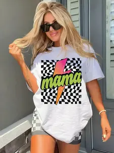 Retro Checkered "Mama" Lightning Bolt Statement Graphic T-Shirt - Y2K Everyday Casual Fit Mom Tee