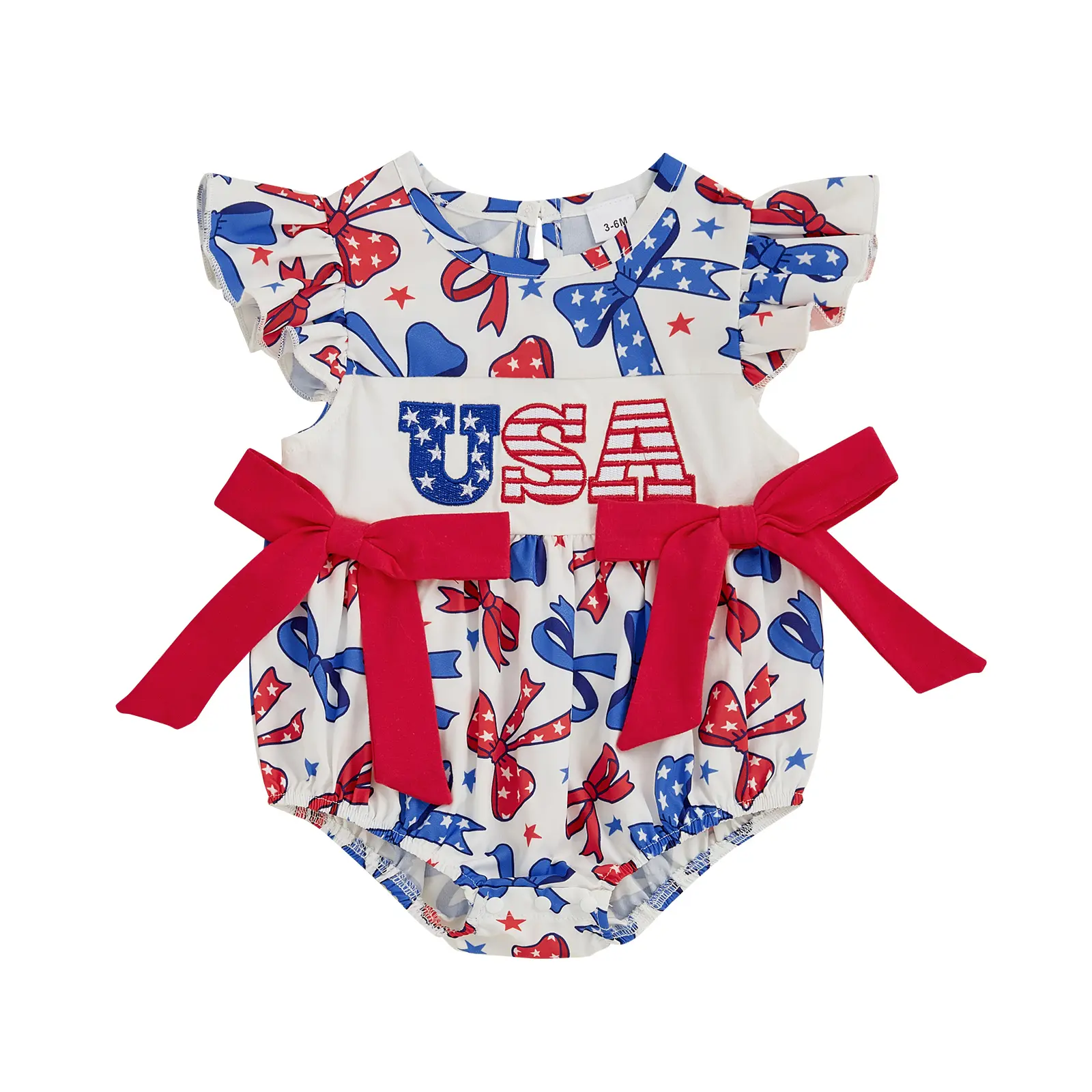 Baby Girl's Independence Day Romper, Newborn Smocked Fly Sleeve Bubble Holiday Outfit with USA Flag Embroidery, Plaid Print and Bow