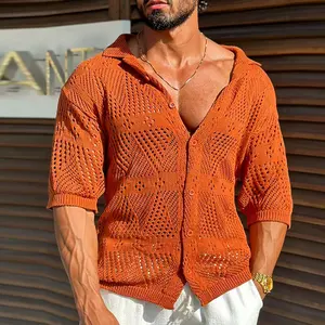 Zaitun Men's Hollow Out Mesh Transparent Shirt Lapel Short Sleeve Crocheted Shirts Menswear Tops