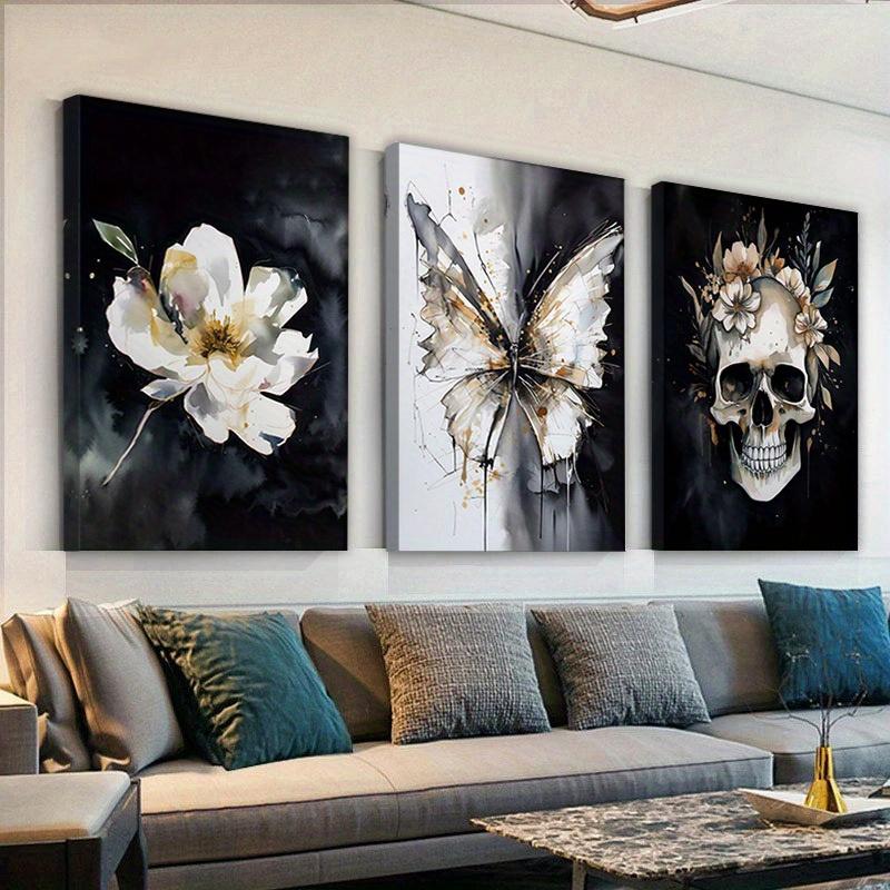 Framed 3 Pieces Skull Pansy Canvas Poster Black and White Gothic Wall Art Witch Wall Decor Perfect Gift for Friends and Family Flower Skull Butterfly Abstract Wall Art Canvas Print Home DecorAlready frameddopamine decor gifts boyfriend poster