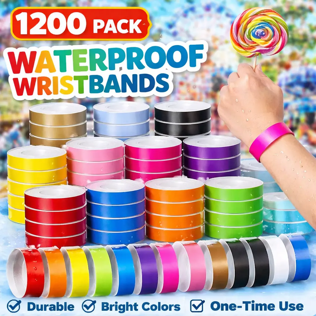 1200-Pack Neon Paper Wristbands, Bright Tear-Off Waterproof Bands for Event, Concert Identification & School Office Supply Needs