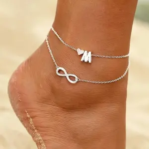 A-Z Letter Initial Anklet For Women Silver Color Initial Heart Anklet Bracelet Leg Chain Beach Party Travel Foot Jewelry