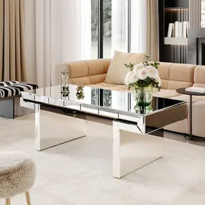 47 Inches Luxury Rectangular Mirror Coffee Table with Fluted Tempered Glass, Modern Sofa Side Table, Easy 2-Step Assembly, Light Luxury Style, Reinforced Packaging    RR