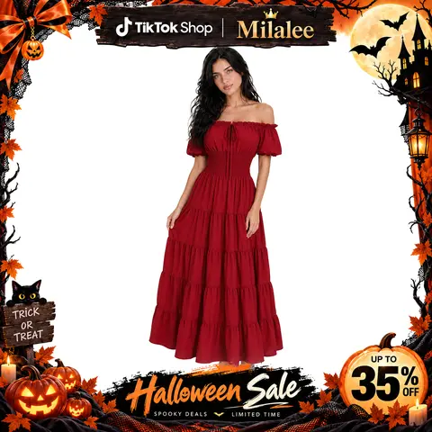 MILALEE Women's Polyester Renaissance Medieval Irish Dress - Smocked Waist, Long Sleeve, Retro Chic Style, Peasant Flair, Alternative Gothic Casual Dress, Hand Wash Only, Halloween Party Formal Costume 6531-ZC-2