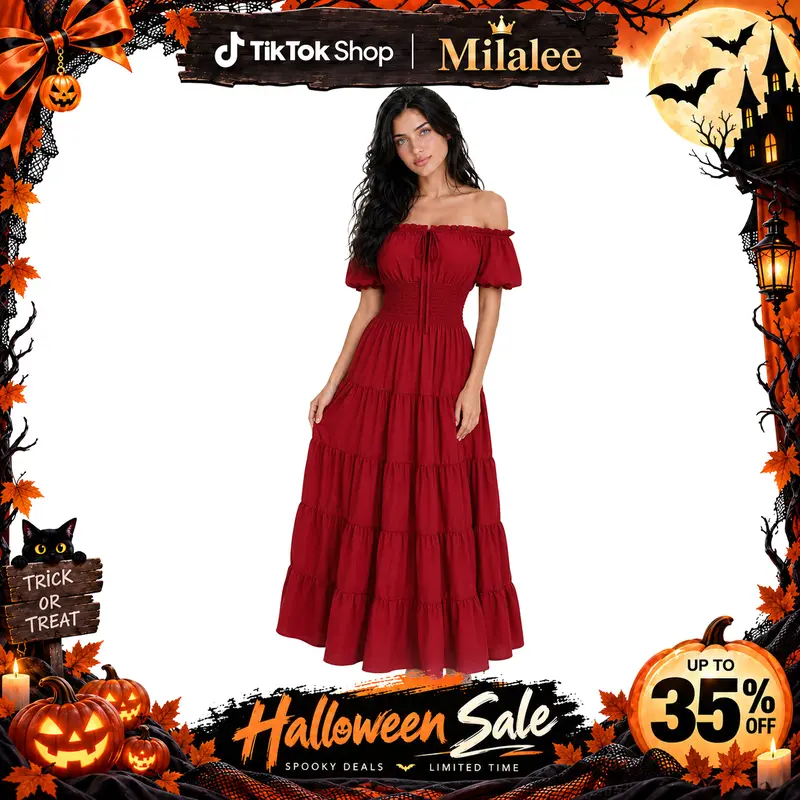 MILALEE Women's Polyester Renaissance Medieval Irish Dress - Smocked Waist, Long Sleeve, Retro Chic Style, Peasant Flair, Alternative Gothic Casual Dress, Hand Wash Only, Halloween Party Formal Costume 6531-ZC-2