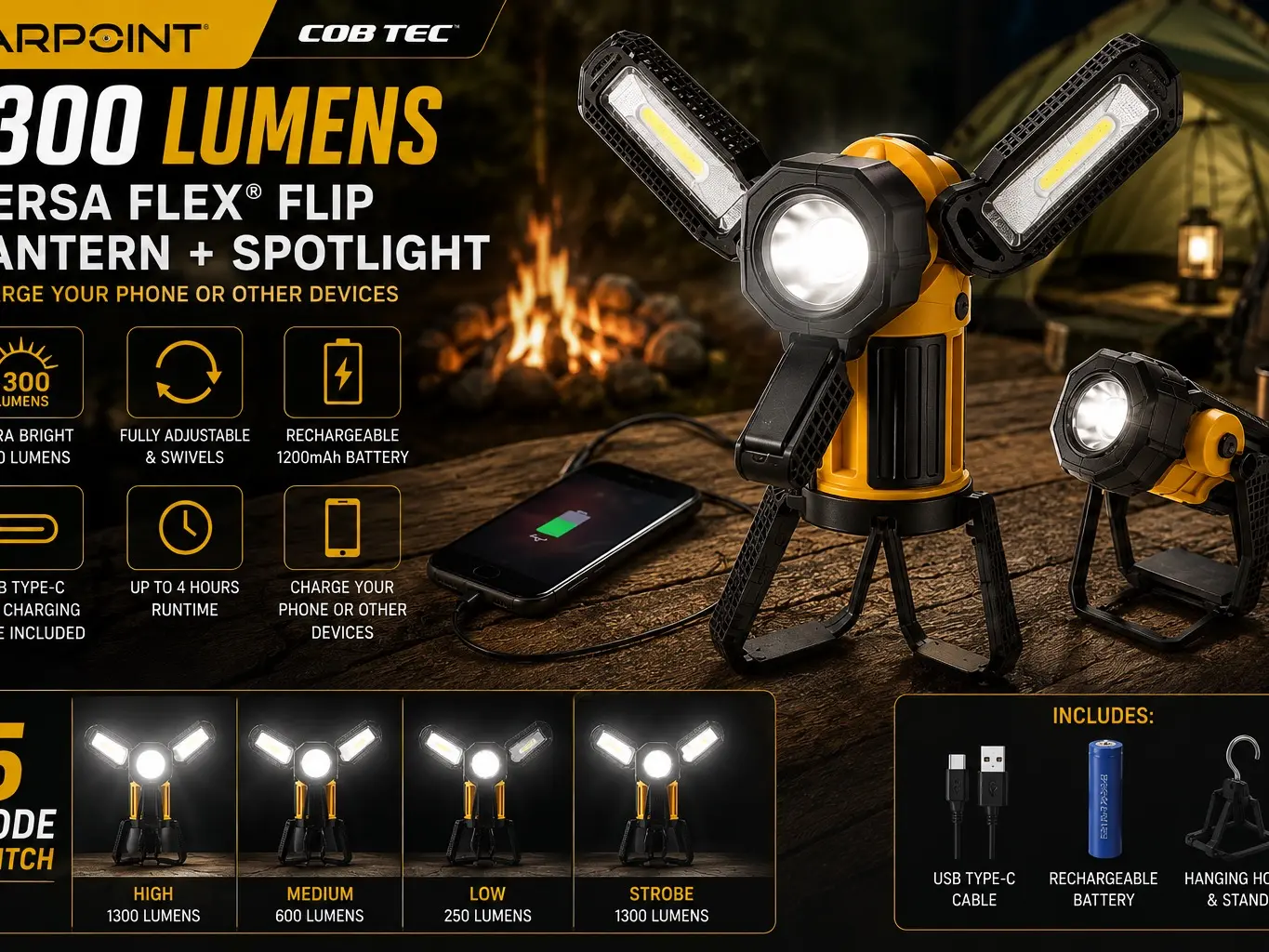 $79.99 MSRP FARPOINT Versa Flex Flip Lantern + Spotlight – 1300 Lumens Rechargeable
