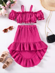 Two-Piece Set Toddler Girl's Solid Cold Shoulder Ruffle Trim Crop Top & Irregular Hem Skirt, Elegant Fashion Casual for Daily Outdoor Wear, Toddler Girls Clothing for Summer