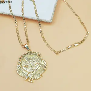 18K Gold Plated Liberty Eagle Coin Pendant Necklace, vintage medallion sweater chain. Classic European style jewelry, retro stylish accessory for daily and layered outfits