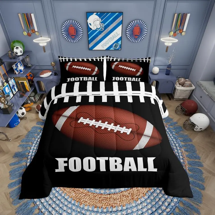 Feelyou Twin Boys' Football-Themed 2-Piece Bedding Set, Multi-Size Soft Striped Rugby Sports Fan Comforter Set with Breathable Low-Roll Warm Down Duvet Insert, Queen Option, Travel-Friendly, Machine Washable, Two Piece Set, Bedroom