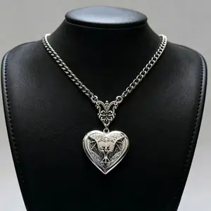Gothic Bat Heart Locket Necklace - Silver Plated Photo Pendant, Meaningful Dark Aesthetic Gift