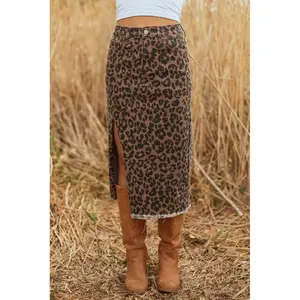 SHAPUM Brown Leopard Denim Frayed Split Denim Midi Skirt