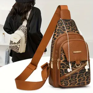 Ladies' vintage leopard print crossbody bag |   Multi color adjustable shoulder strap |   Large capacity |   Urban style zipper compartment and headphone jack design, daily fashionable messenger bag, safe zipper closure, unisex