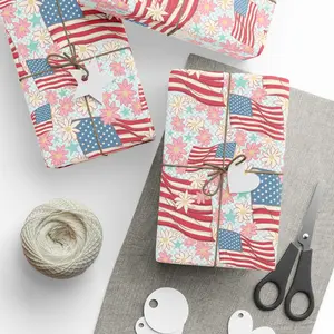 Floral American Flag Wrapping Paper Roll - 4th of July USA Giftwrap -  Independence Day Gifts