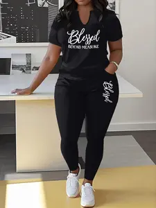 Plus Size Round Neck Set 2pcs Striped Casual Sports Crew Neck Short Sleeve Top & Long Trousers Activewear Women's Clothing