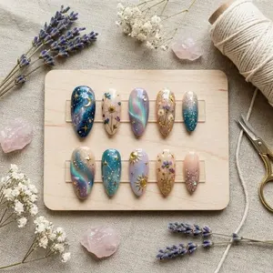 Celestial Galaxy Press On Nails with Dried Flowers | Cat Eye Moon and Star Fake Nails | Handmade Witchy Boho Floral Nails, Nail Art Kit Nail Box