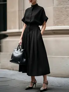ZANZEA Women's Casual Solid Color Set, Half Sleeve Buttoned Shirt Pleated Skirt Design, Suitable for Daily Commuting, All Seasons