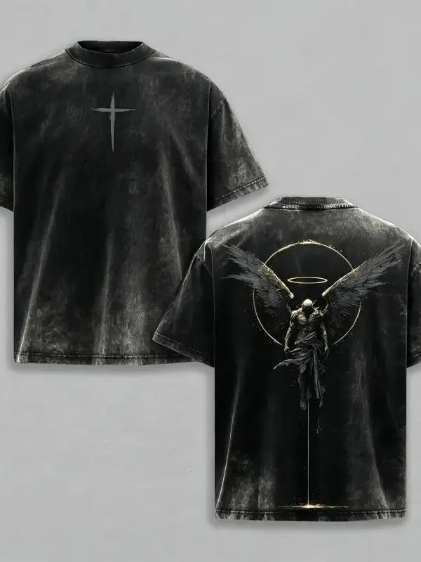 Men's Oversized Heavy Cotton T-Shirt, Gothic Streetwear with Fallen Angel Acid Wash Graphic and Seamless Ribbed Collar, Apparel, Hem, Retro
