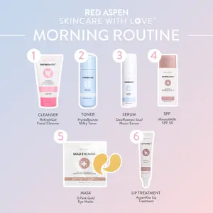 Red Aspen Complete Morning Glow Routine  6-Piece Skincare Bundle | Cleanser + Milky Toner + Snail Mucin + SPF 50 + Eye Mask + Lip Peptide