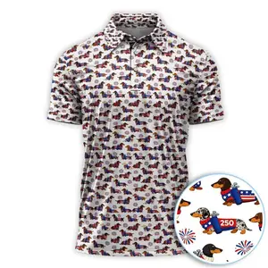 America 250 Dachshund Funny Pattern Golf Polo Shirt for Men – Patriotic Dog Print Short Sleeve Golf Shirt, 4th of July Outfit