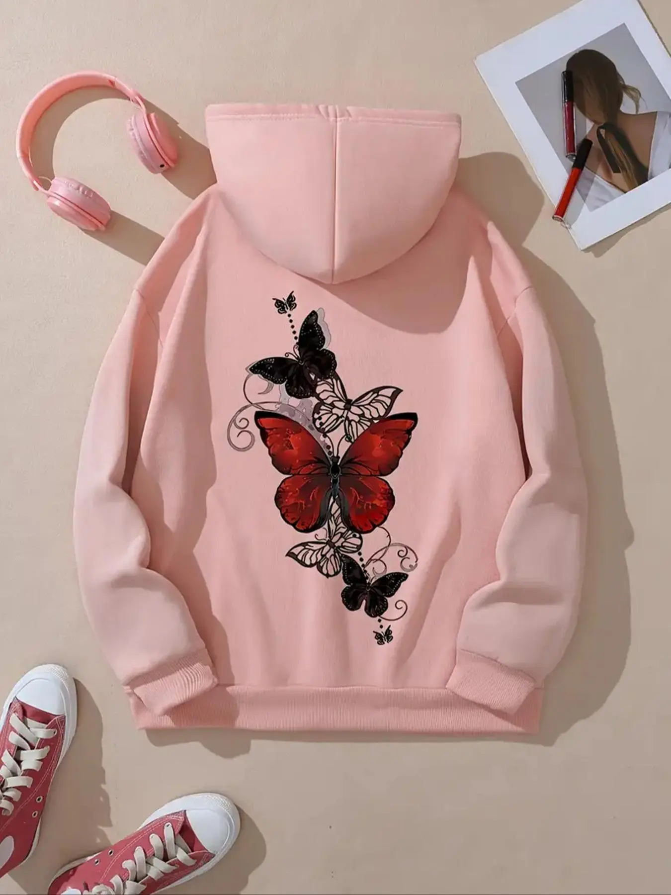 Women's Butterfly Print Drawstring Pocket Hoodie, 2024 New Style Long Sleeve Hooded Sweatshirt for Fall & Winter, Women's Clothes for Daily Wear
