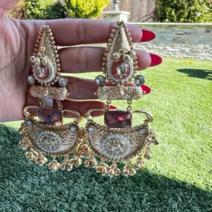 Kashmiri Earings Made with German Silver - Traditional Design with Gemstone Accents and Gold-Tone Details