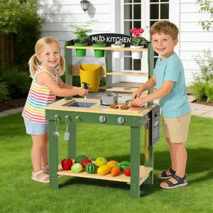 BIERUM Outdoor Mud Kitchen for Kids Ages 3+, Wooden Play Kitchen with Sink, Faucet & Accessories, Pretend Playhouse for Toddlers with Storage - Outdoor Kitchen Playset