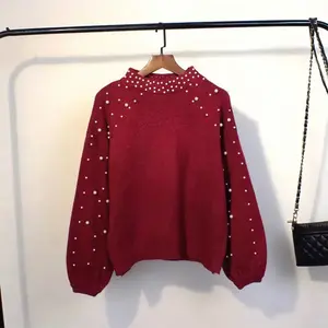 Dark Red Pearl Studded Sweater
