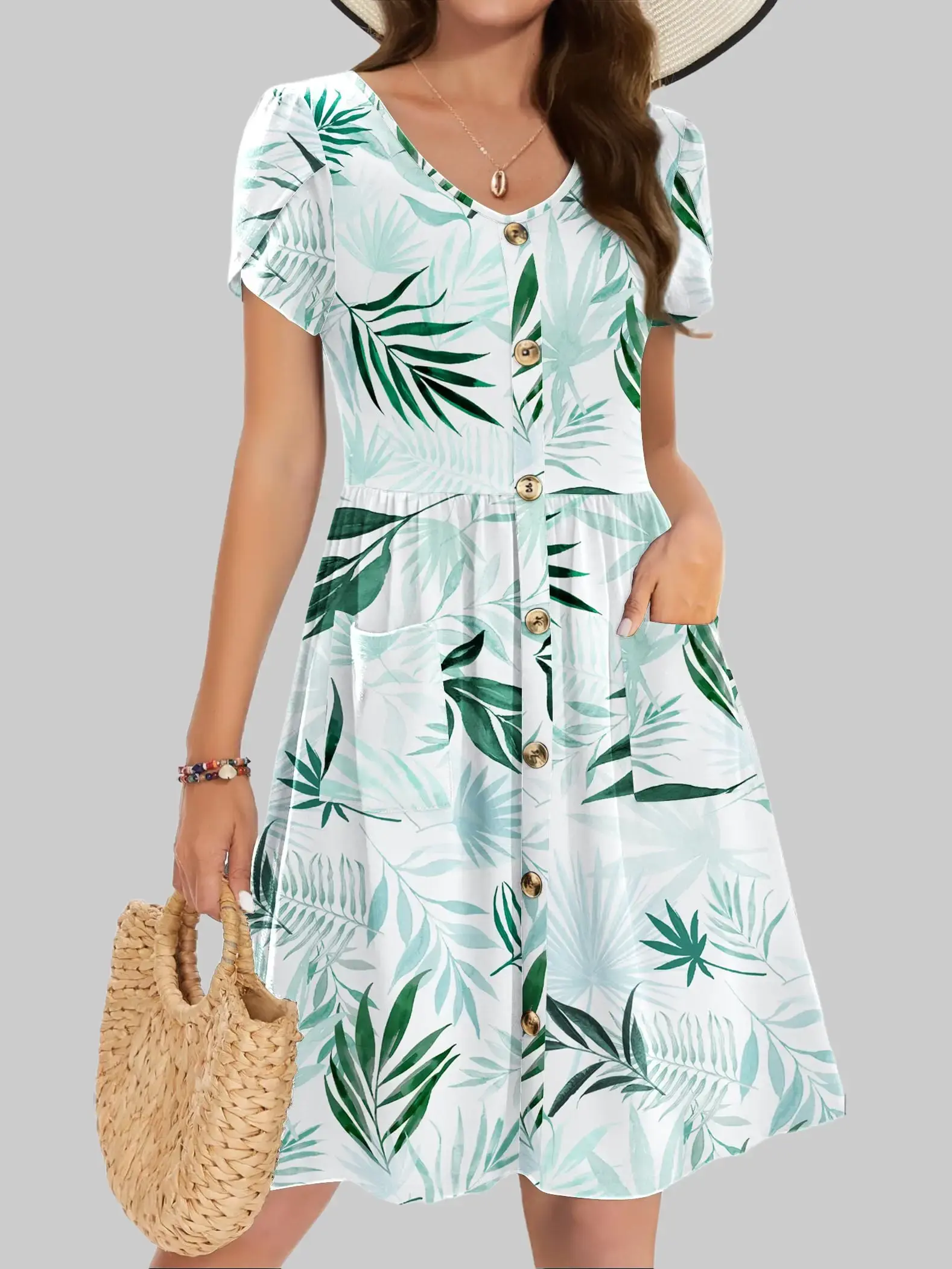 Zeagoo Womens Summer Dress Mini Petal Short Sleeve Dresses Pleated Button Down V Neck Floral Beach Swing Vacation Dress 2026