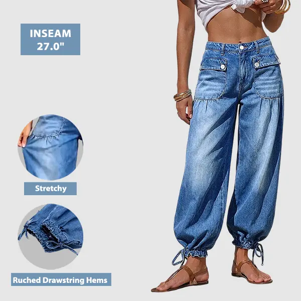 Flamingals Flap Pocket Ruched Drawstring Mid Waist Crop Balloon Jeans Womenswear Stretchy 27" Inseam Flamingals Flap Pocket Ruched Drawstring Mid Waist Crop Balloon Jeans Womenswear Stretchy 27" Inseam
