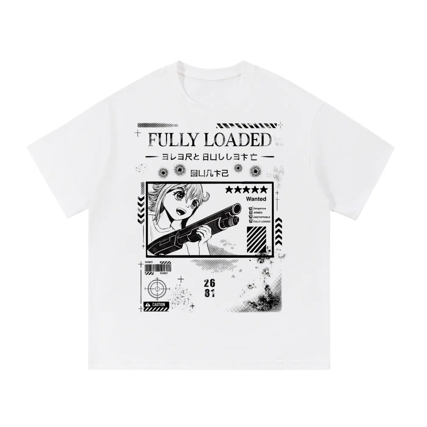 Fully Loaded Anime Style Black and White Essential T-Shirt With Japanese Text