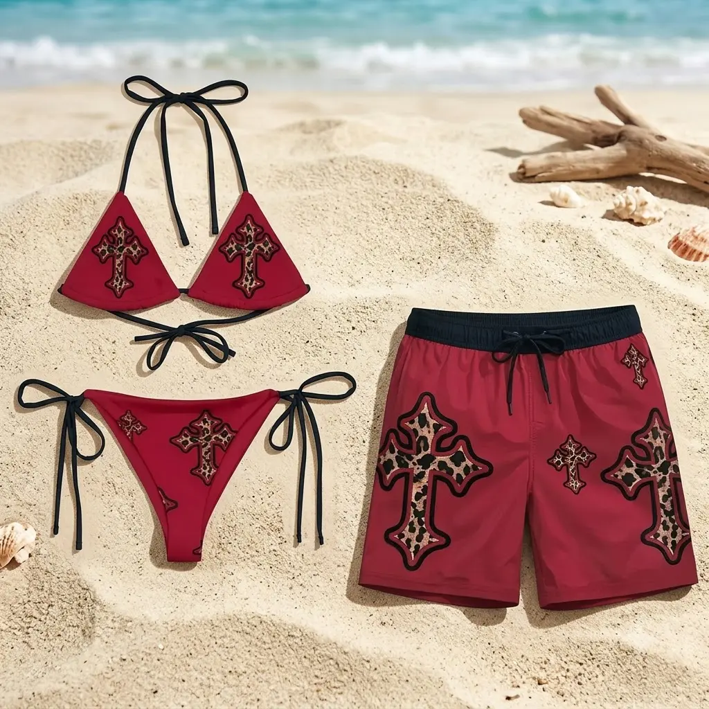 Red Leopard Cross Matching Couple Swimwear Set, Women’s Triangle String Bikini Top and Tie Side Bottom with Men’s Beach Shorts, Gothic Y2K Summer Vacation Outfit, Honeymoon Pool Party Beachwear Gift for Couples, Husband and Wife