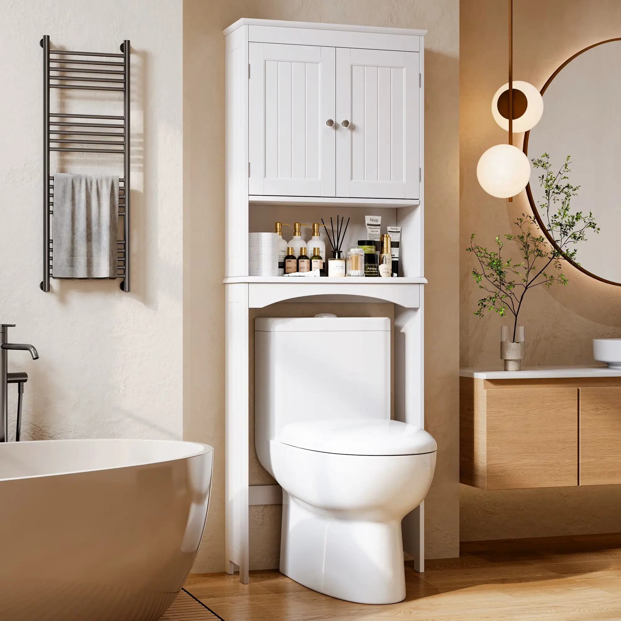 Gizoon Over The Toilet Storage Cabinet with Adjustable Shelf and Double Doors, Bathroom Space Saver Organizer Above Toilet with Open Shelf, Taller Wooden Free Standing Toilet Rack -White,dorm essentials,home decor