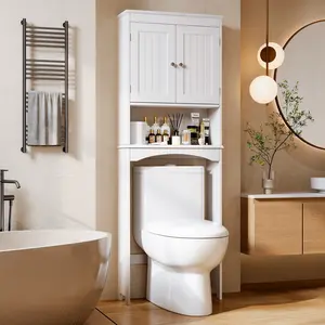 Gizoon Over The Toilet Storage Cabinet with Adjustable Shelf and Double Doors, Bathroom Space Saver Organizer Above Toilet with Open Shelf, Taller Wooden Free Standing Toilet Rack -White